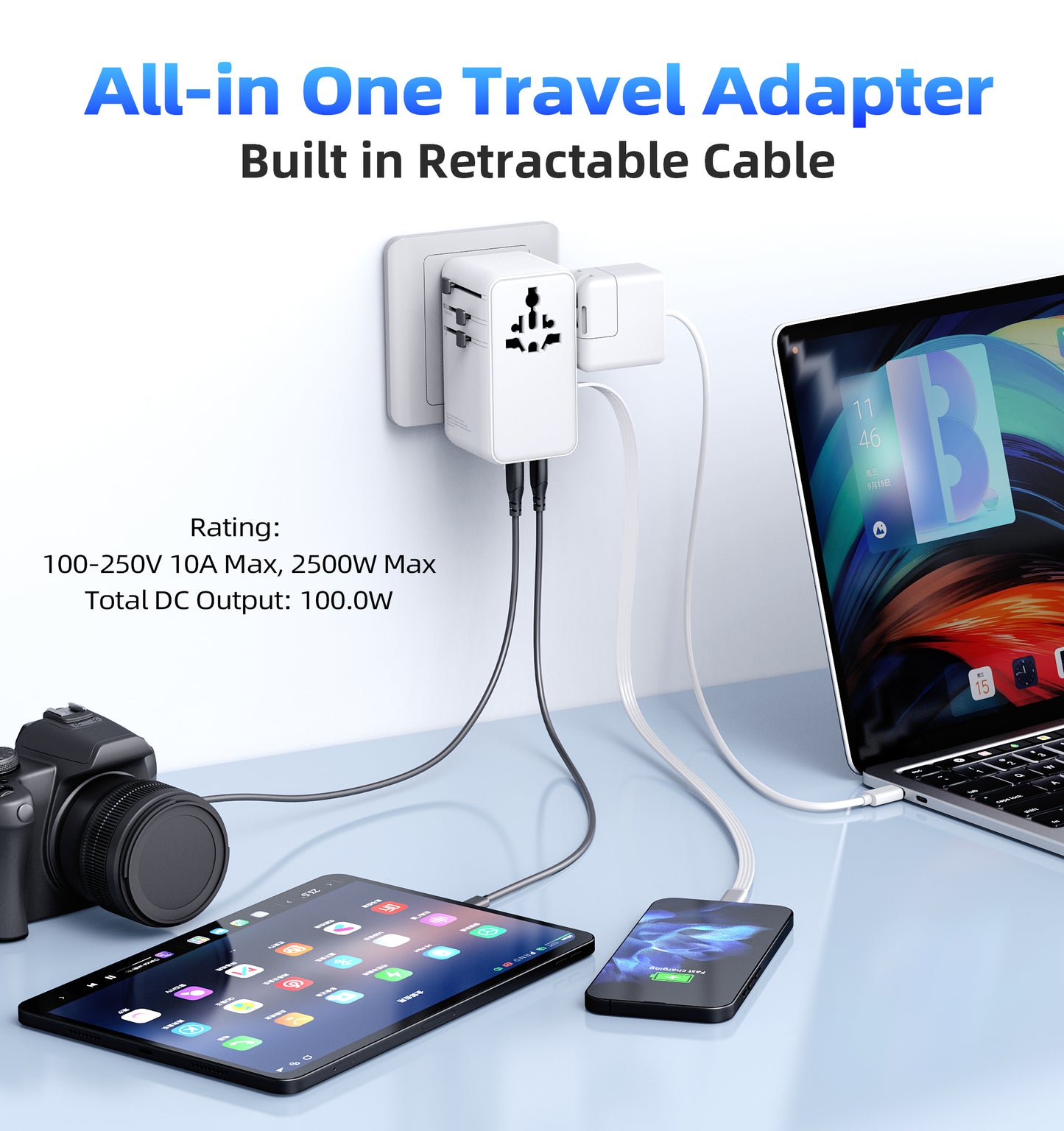 🌍2AC 100W - All in one worldwide travel adapter - محول السفر العالمي سريع الشحن بكابل
