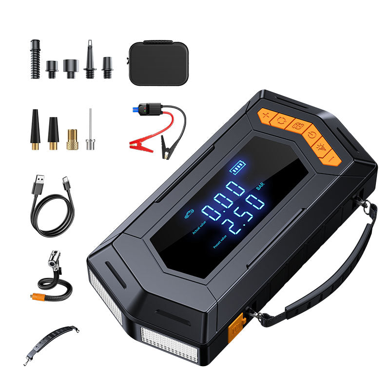 Booster Pack/Jump Starter, With Auto-Stop Digital Air Compressor, 2400 Peak Amp, 16,000mAh- شاحن محمول بقوة 12 فولت، بطارية تشغيل، وكشاف و نافخ اطارات