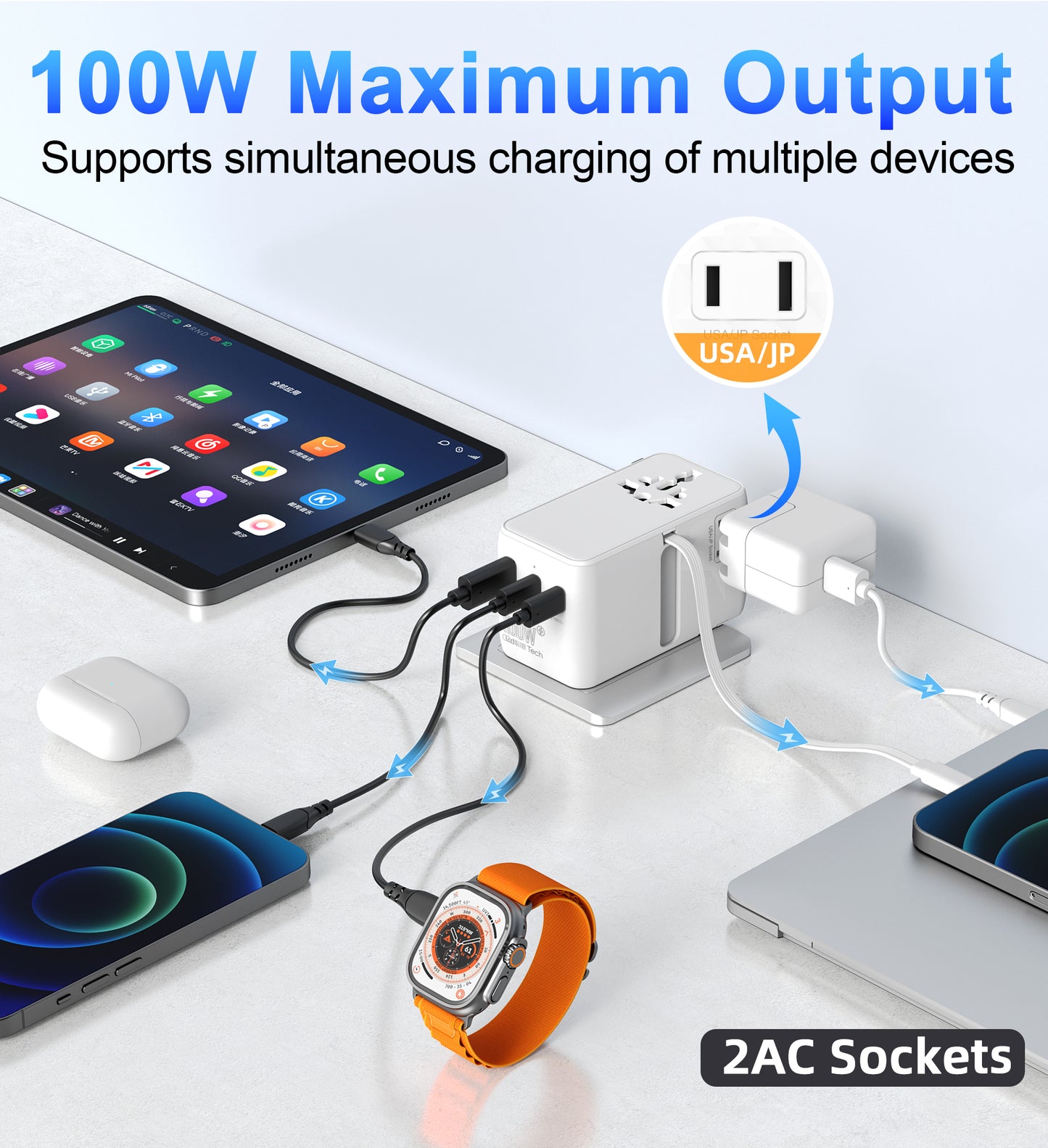 🌍2AC 100W - All in one worldwide travel adapter - محول السفر العالمي سريع الشحن بكابل