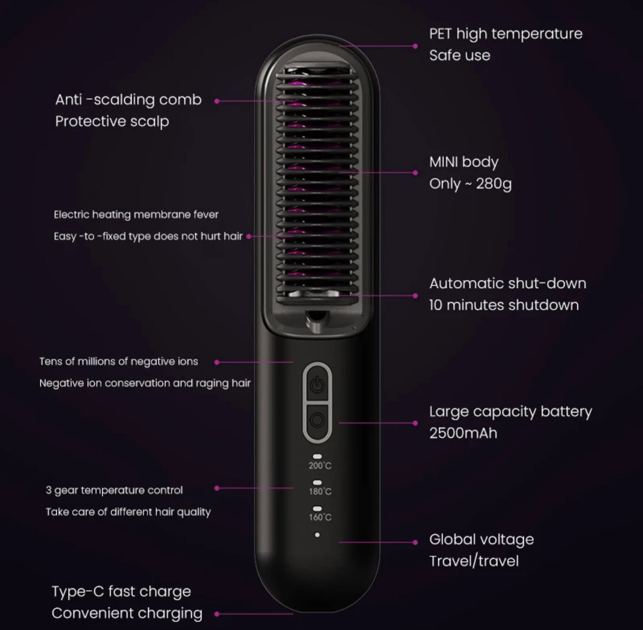 Portable cordless Hair Straightener Brush - فرشاة شعر ذكية تعمل بالشحن بتقنية الايونات