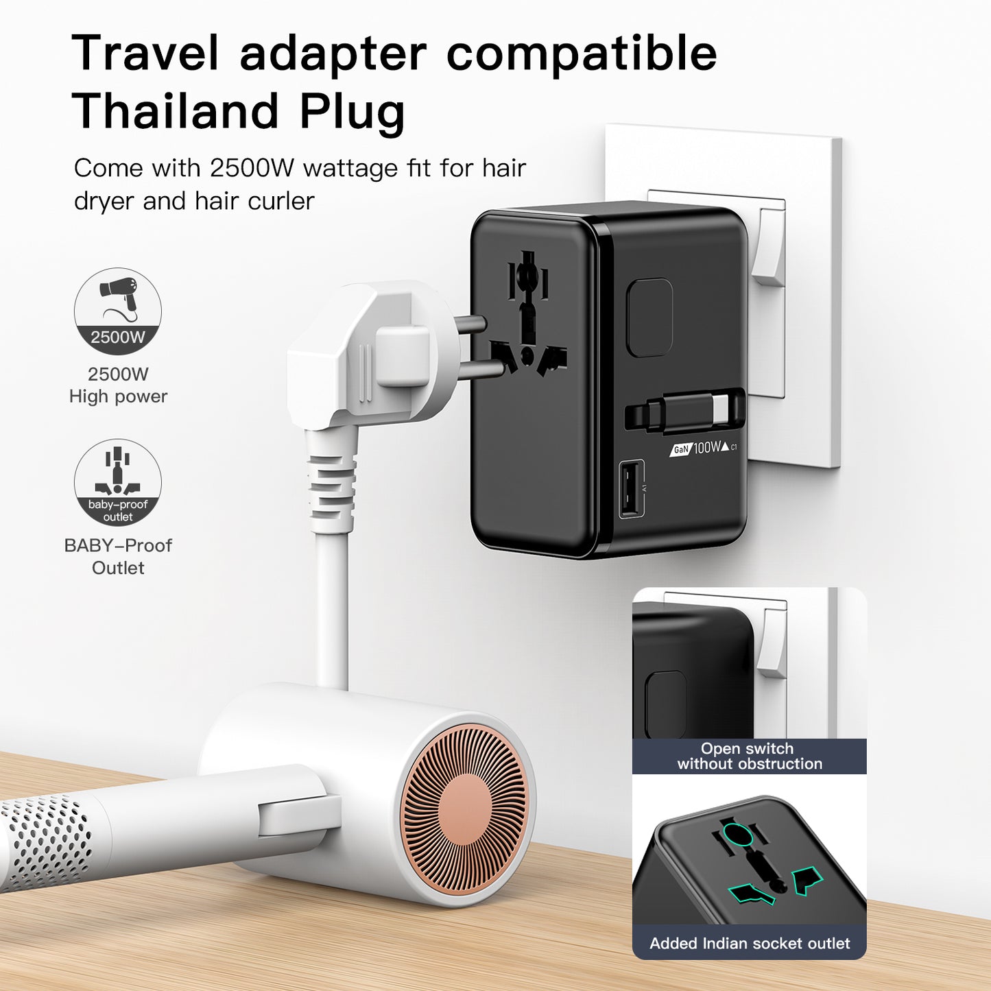 W100 محول السفر العالمي | Universal Travel Adapter — All-in-One, Fast Charging
