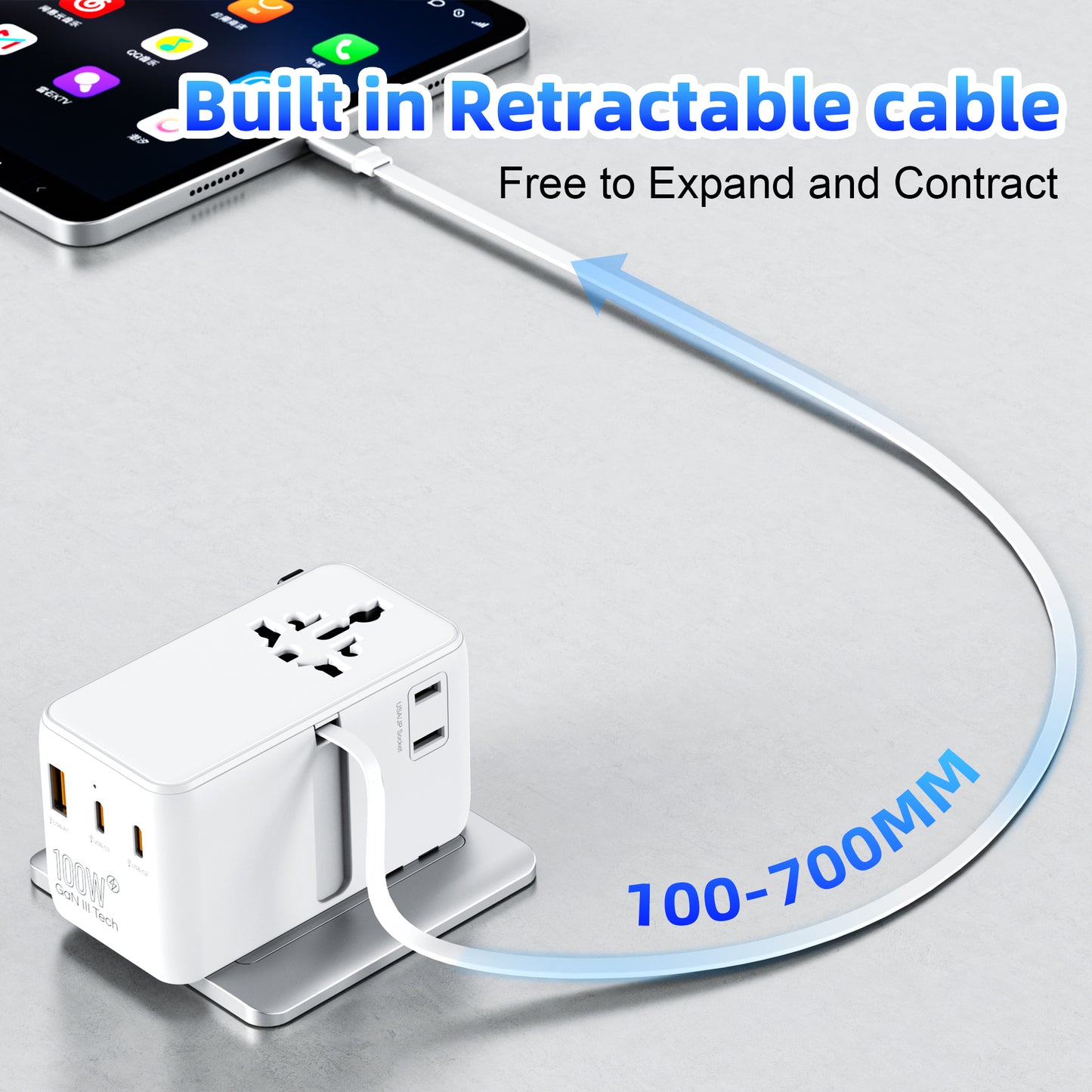 🌍2AC 100W - All in one worldwide travel adapter -  محول السفر العالمي سريع الشحن بكابل