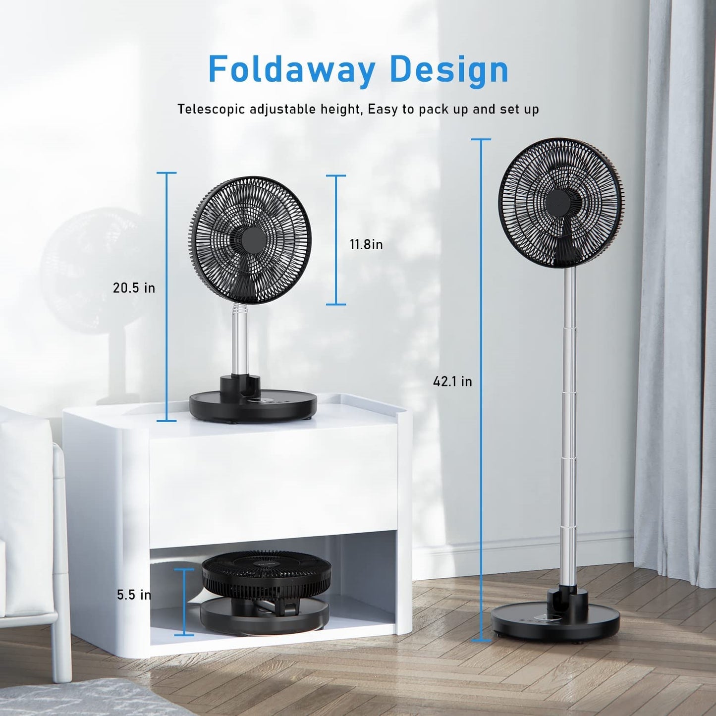 Foldaway Versatile Fan with Remote Control and Powerful Battery - مروحة متعددة الاستخدامات قابلة للطي مع تحكم عن بُعد وبطارية قوية