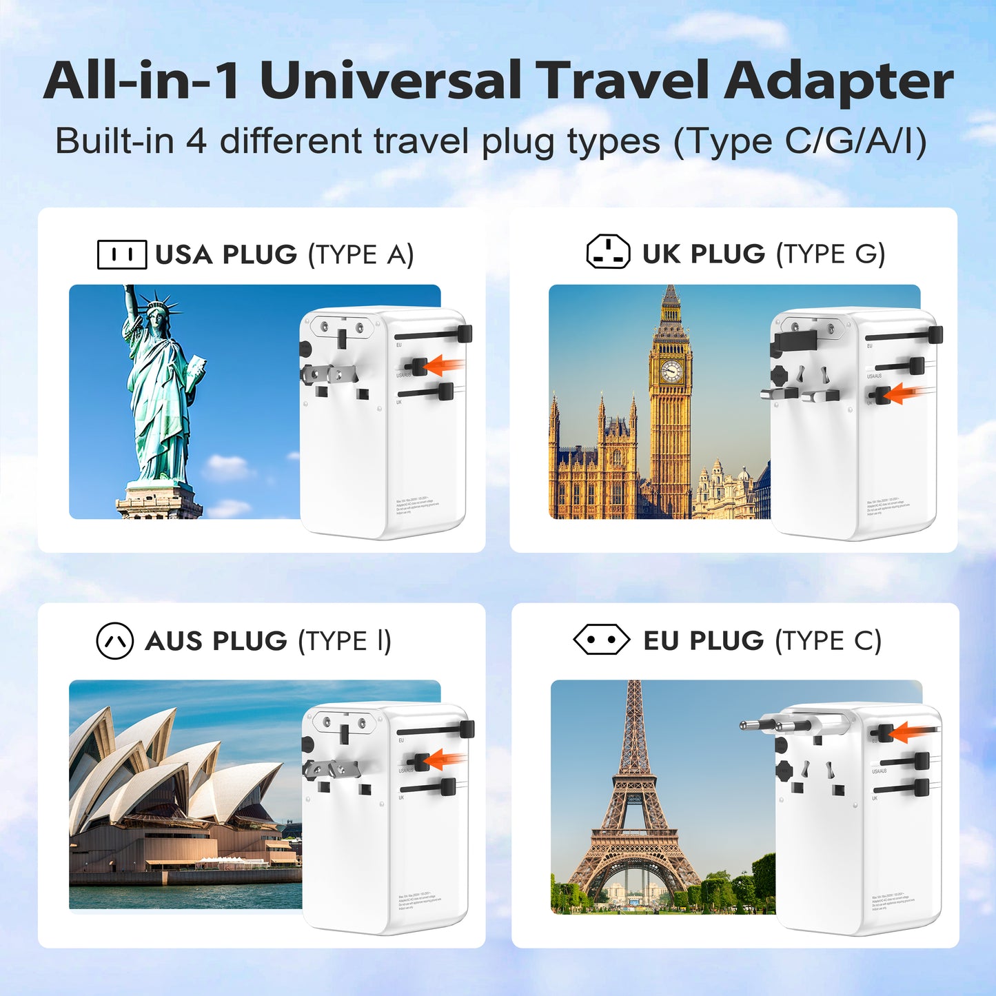 🌍2AC 100W - All in one worldwide travel adapter -  محول السفر العالمي سريع الشحن بكابل