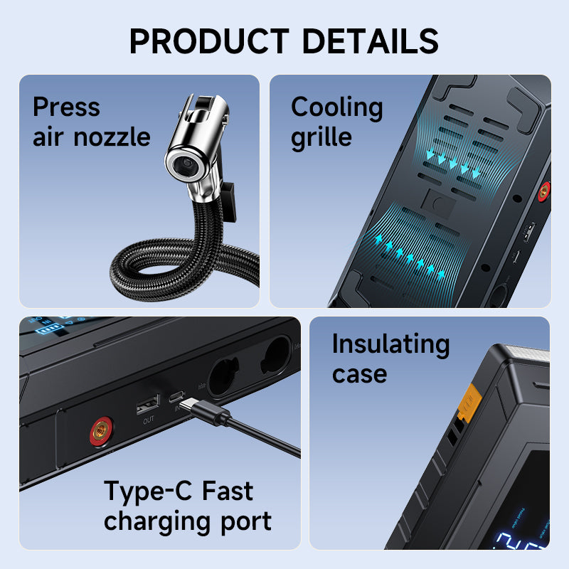Booster Pack/Jump Starter, With Auto-Stop Digital Air Compressor, 12,000mAh- شاحن محمول بقوة 12 فولت، بطارية تشغيل، وكشاف و نافخ اطارات