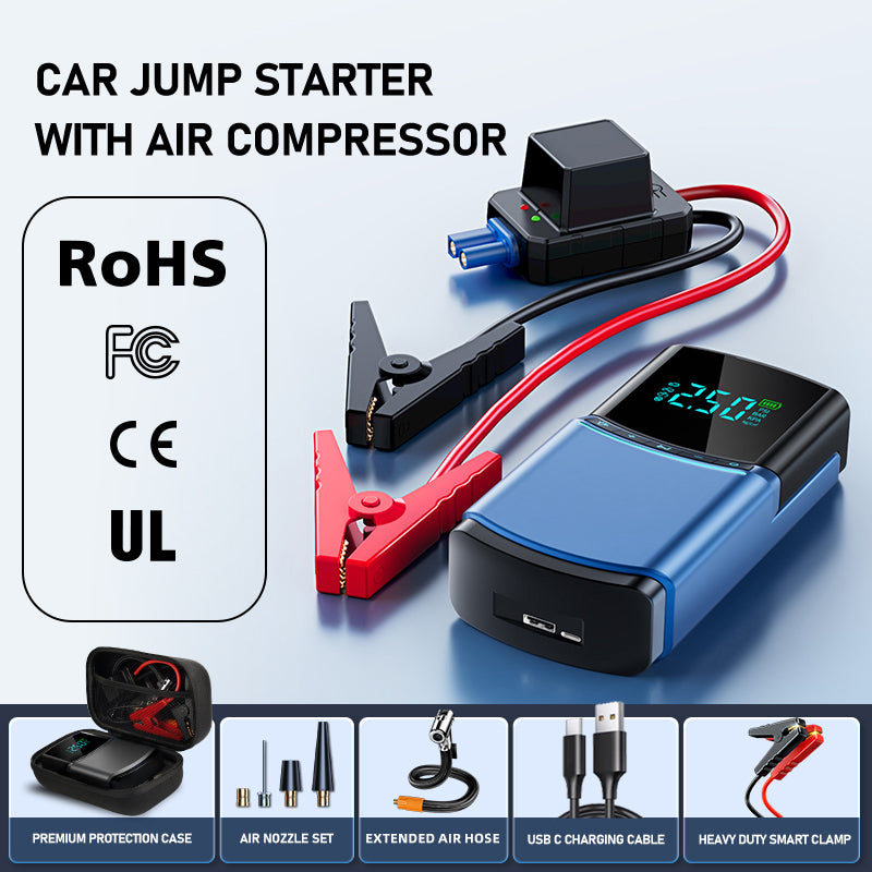Booster Pack/Jump Starter, With Auto-Stop Digital Air Compressor, 2000 Peak Amp, 12400mAh- شاحن محمول بقوة 12 فولت، بطارية تشغيل، وكشاف و نافخ اطارات