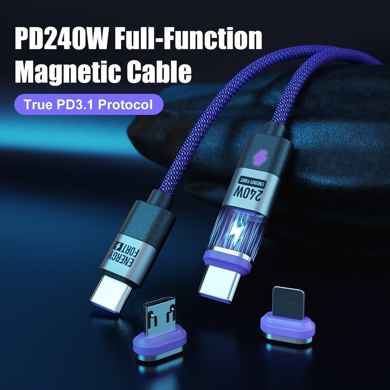 240W Fast Charging Magnetic Data Cable - 3-in-1 Nylon Braided - كابل بيانات مغناطيسي للشحن السريع 240 واط - 3 في 1 مضفر من النايلون