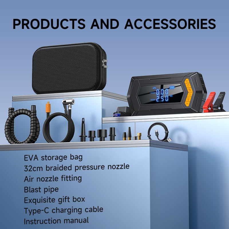 Booster Pack/Jump Starter, With Auto-Stop Digital Air Compressor, 2400 Peak Amp, 16,000mAh- شاحن محمول بقوة 12 فولت، بطارية تشغيل، وكشاف و نافخ اطارات