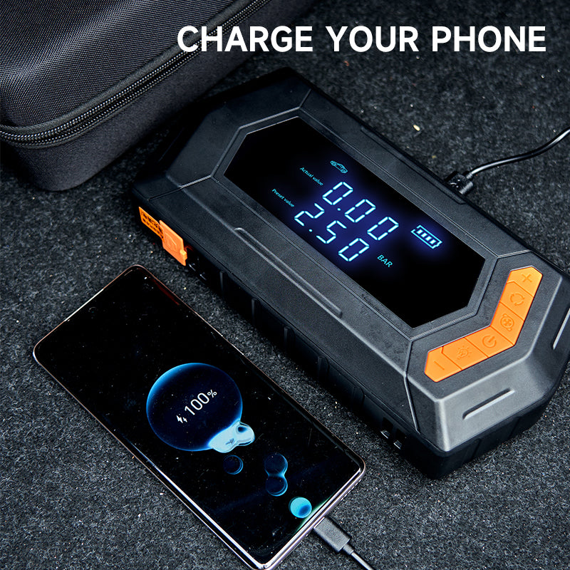 Booster Pack/Jump Starter, With Auto-Stop Digital Air Compressor, 12,000mAh- شاحن محمول بقوة 12 فولت، بطارية تشغيل، وكشاف و نافخ اطارات