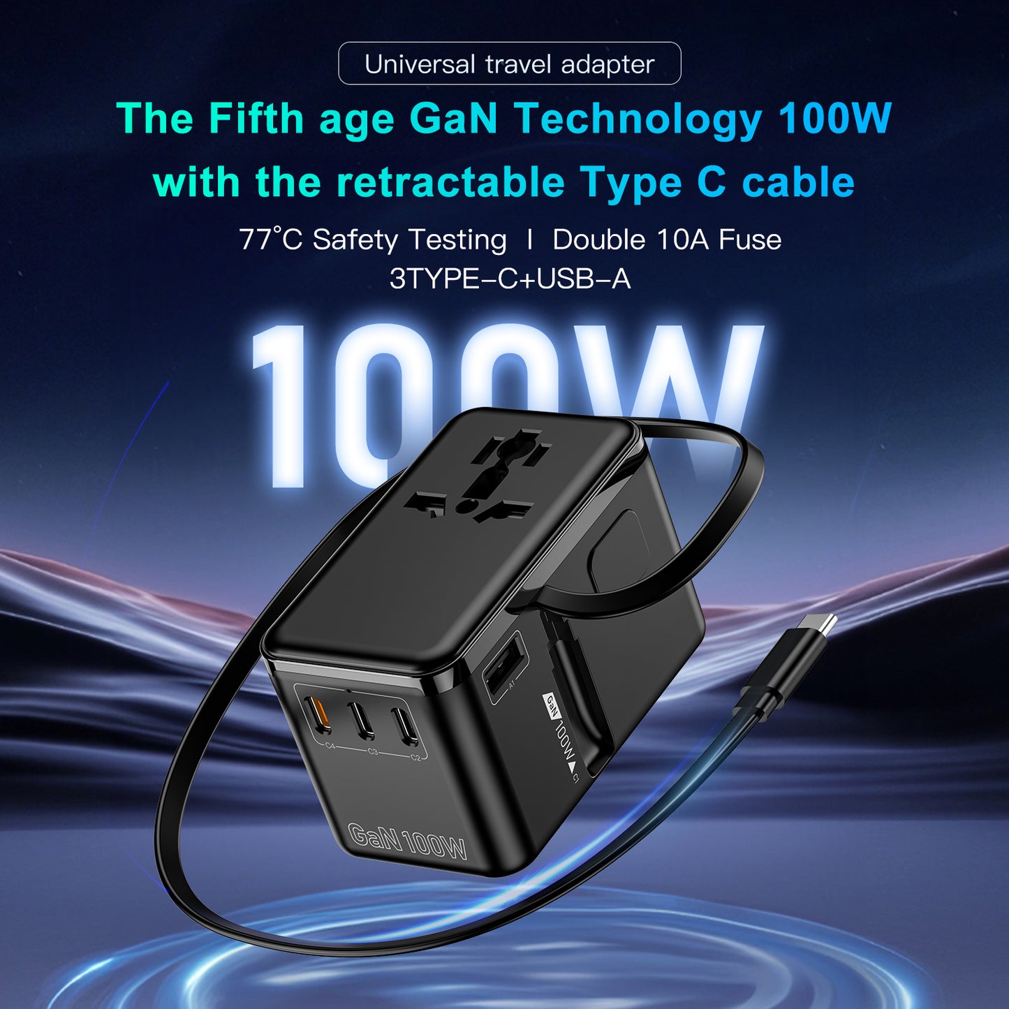 W100 محول السفر العالمي | Universal Travel Adapter — All-in-One, Fast Charging