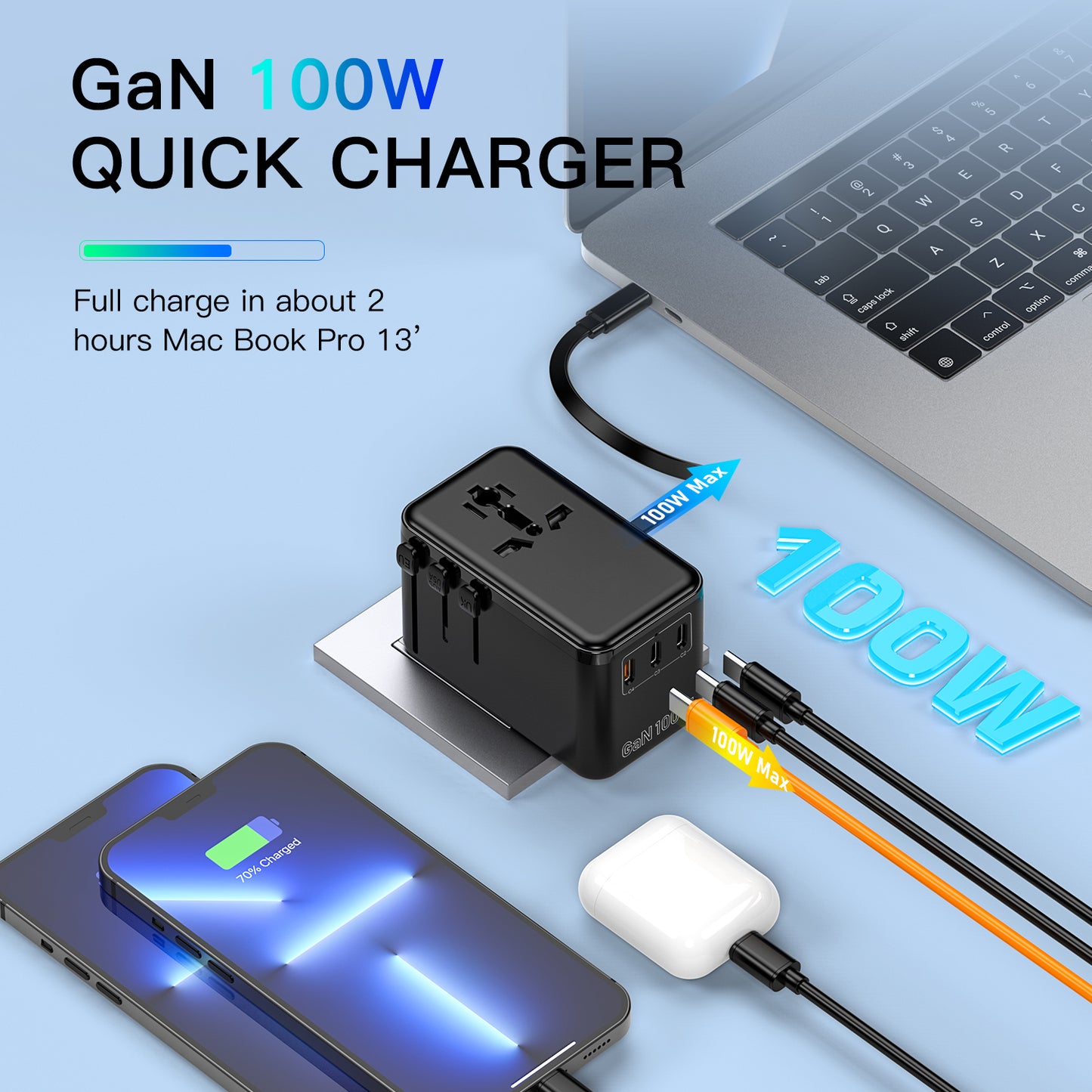 W100 محول السفر العالمي | Universal Travel Adapter — All-in-One, Fast Charging