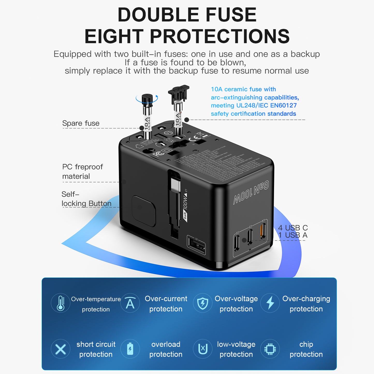 W100 محول السفر العالمي | Universal Travel Adapter — All-in-One, Fast Charging